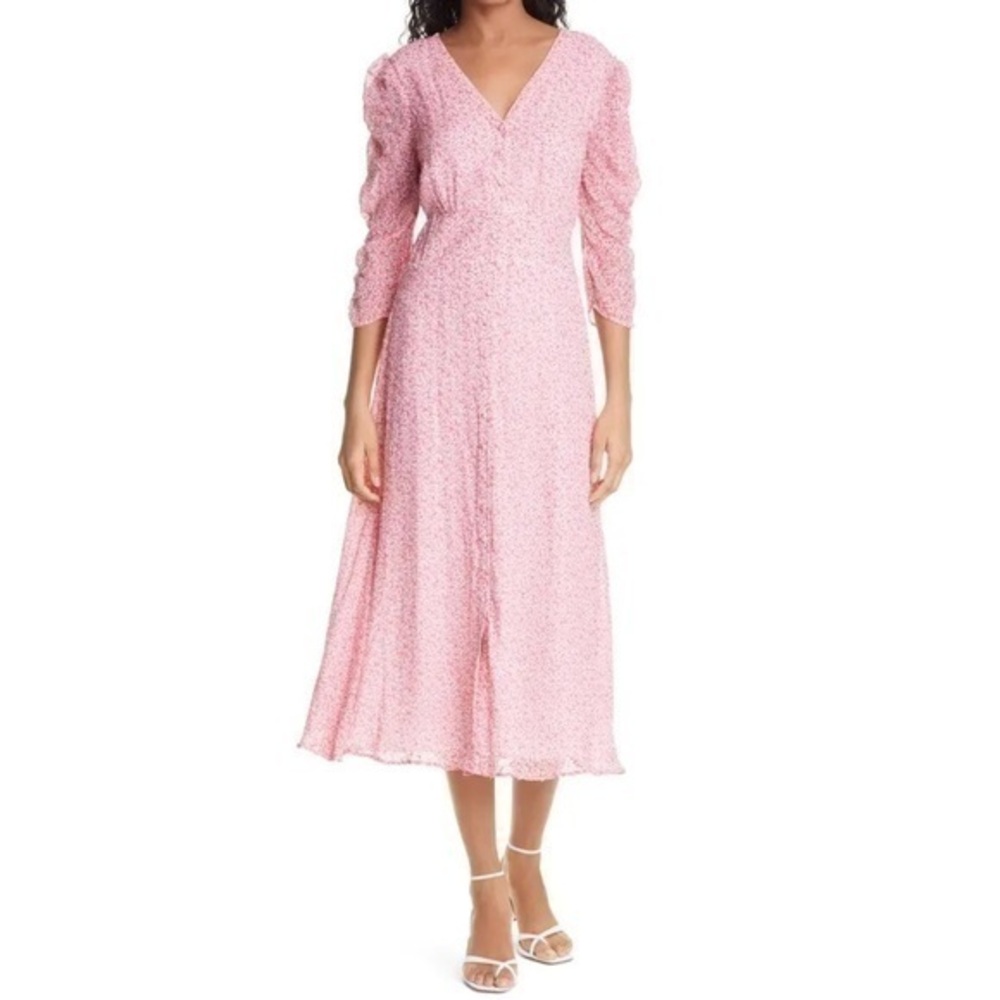 ByTiMo Red Ditsy Floral Dobby Chiffon V-Neck Midi Dress Size Medium New